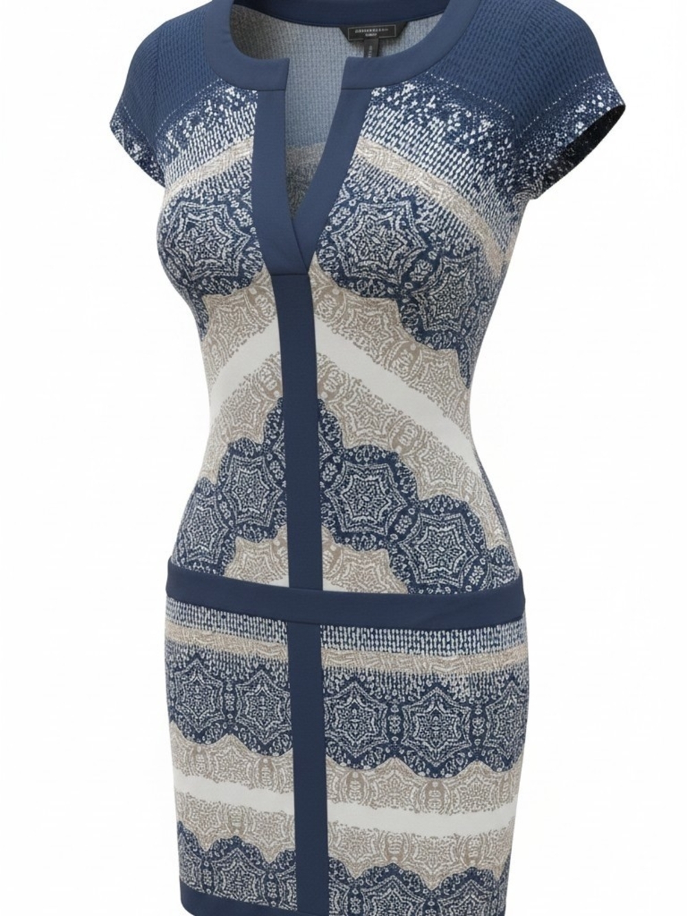 BCBGMaxAzria Navy, Cream & Beige Patterned Cap-Sleeve Sheath Dress SZ S P